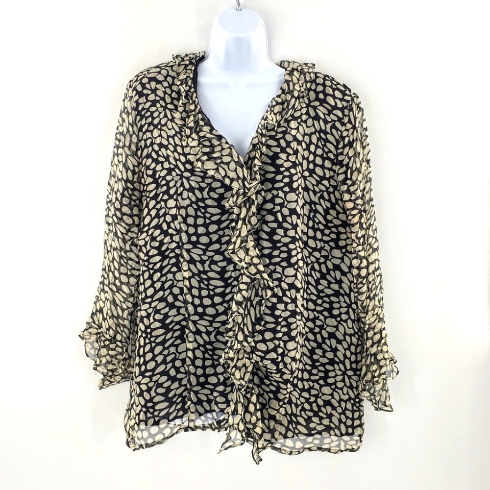 Vtg Ruffled Silk Top Black Tan Chiffon Sheer Hidden Closure Lightweight Sz 14